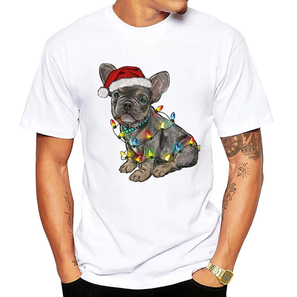 Funny Christmas T Shirt Unisex Cute Christmas Lights Dog Gifts Graphic French bulldog Tshirt Kawaii Short-sleeved Top Tees Male