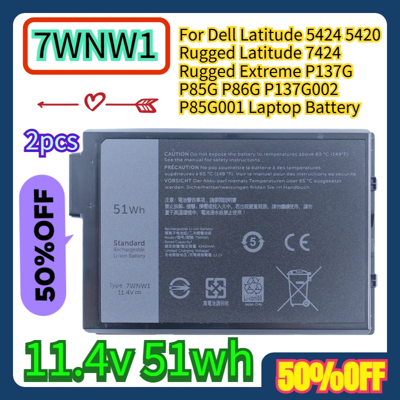

2pcs For Dell Latitude 5424 5420 Rugged Latitude 7424 Rugged Extreme P137G P85G P86G P137G002 P85G001 7WNW1 Laptop Battery