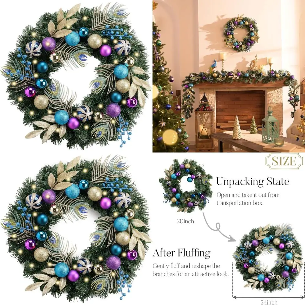 

Illuminated 24 Christmas Wreath with Peacock Plumes & Balls for Door, Porch, or Fireplace Holiday Decor