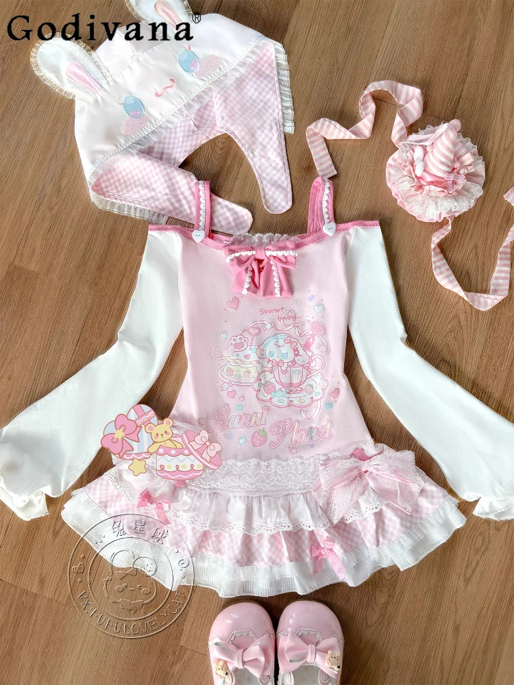 

Original Japanese Soft Girls Lolita Off-Shoulder Strap Mini Dress Summer New 2025 Cute Cartoon Print Kawaii Detachable Hat Dress