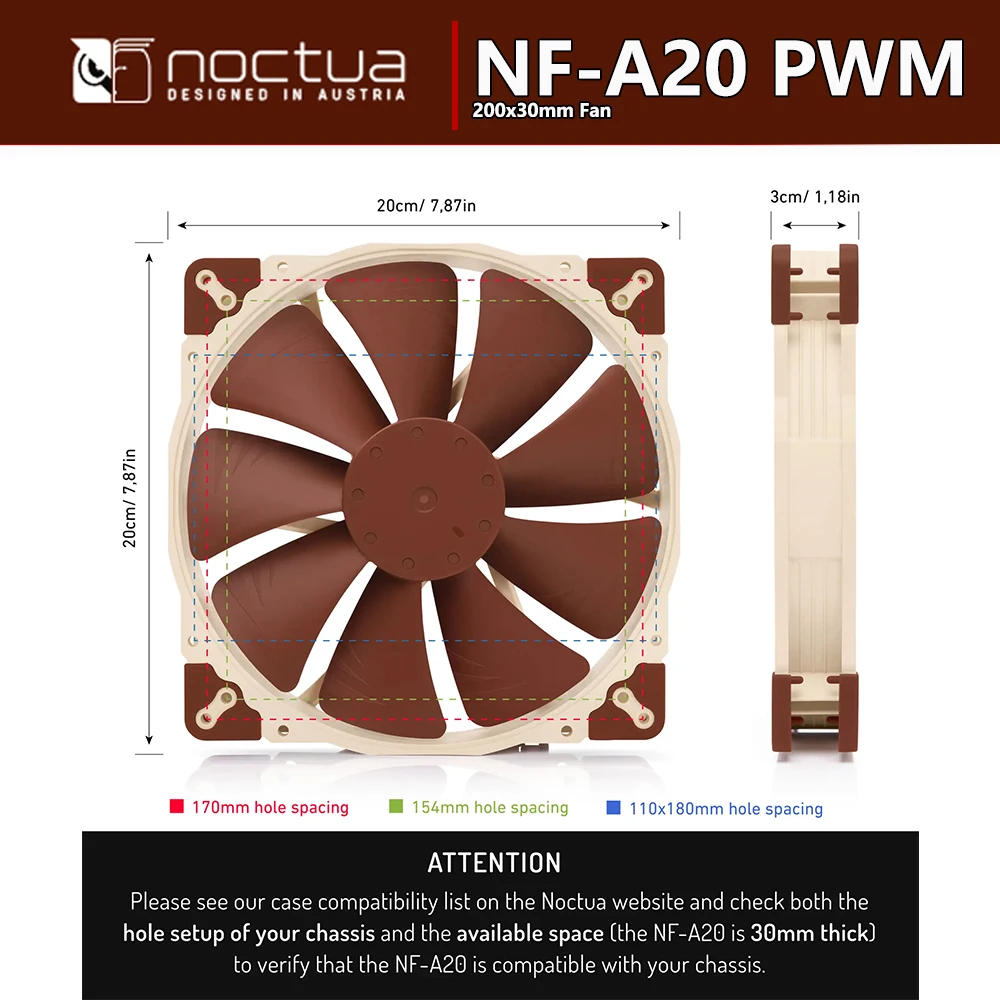 Noctua NF-A20 PWM 4Pin 12V أداء تبريد هادئ 200x200x30mm مروحة SSO2 تحمل Chromax.Black.Swap-Edition حجم 20 سم مروحة