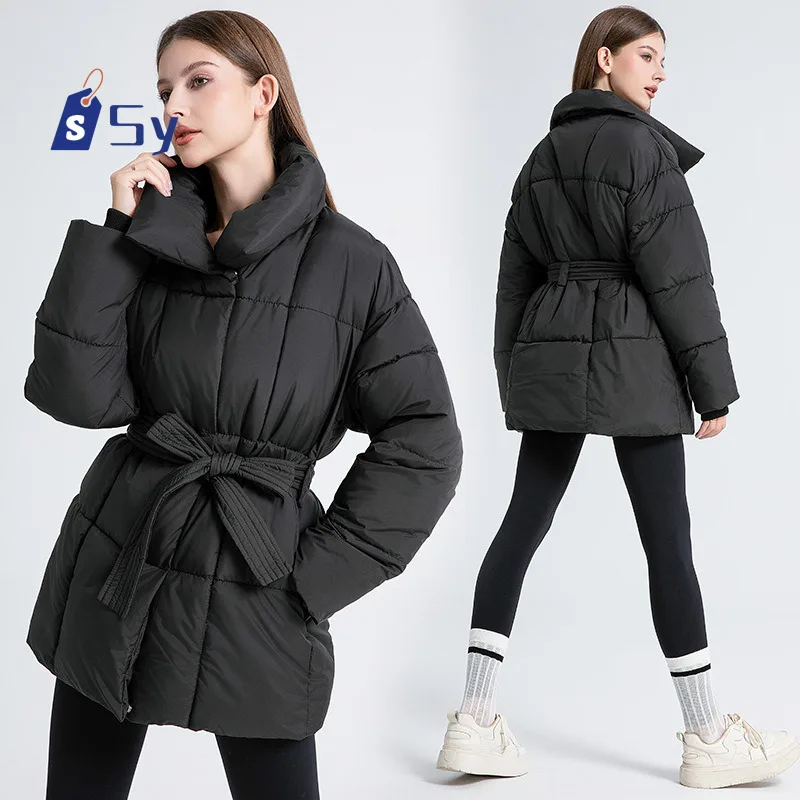 Sy Winter Stand Collar Pike Cotton Coat Women's Belt Cotton Jacket Fashionable And Elegant Solid Color Women's Cotton Clothing