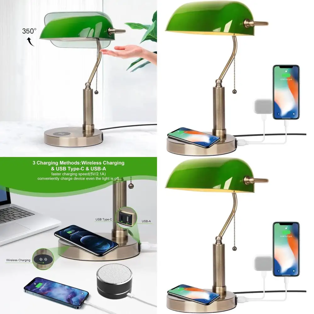 

Классическая ретро-настольная LED-лампа с USB-портом для зарядки, выключателем на цепочке, идеально подходит для чтения и офисной работы (зеленая)