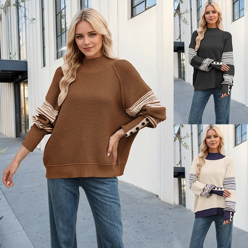 

2025 European and American women's autumn and winter knitted color-blocking half-high neck fashionable pullover sweater