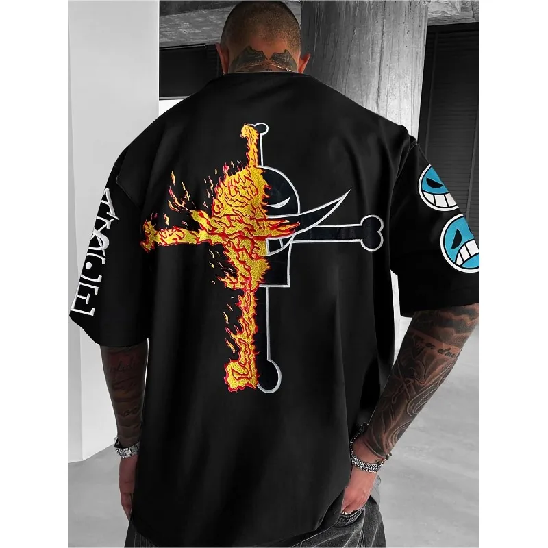 قطعة واحدة Ace المشتركة فضفاضة حجم كبير تي شيرت 2025 صيف جديد الرجال الشارع الاتجاه لهب نمط الرسوم المتحركة المطبوعة الوالدين والطفل