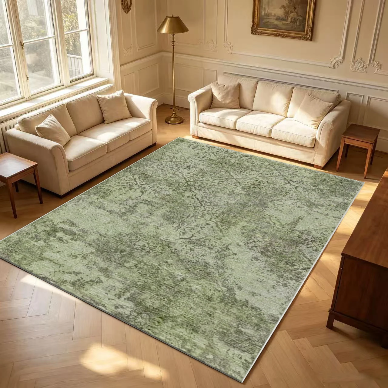 Green Faded Damask Vintage Carpet Flooring Distressed Antique Pattern Area Rug for Indoor Home Decoration