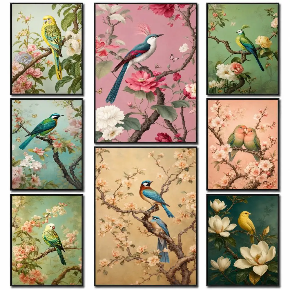 Traditional Chinoiserie Bird and Flower Budgie Heron Landscape Poster PP Wall Art Print Removable Home Decor Cafe Apartment Gift