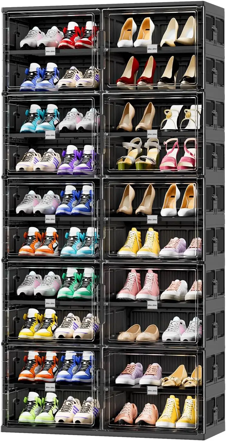 

10 Tiers Foldable Shoe Rack Organizer Cabinet for Closet Entryway, Large Collapsible Shoe Storage Box with Magnetic Doo