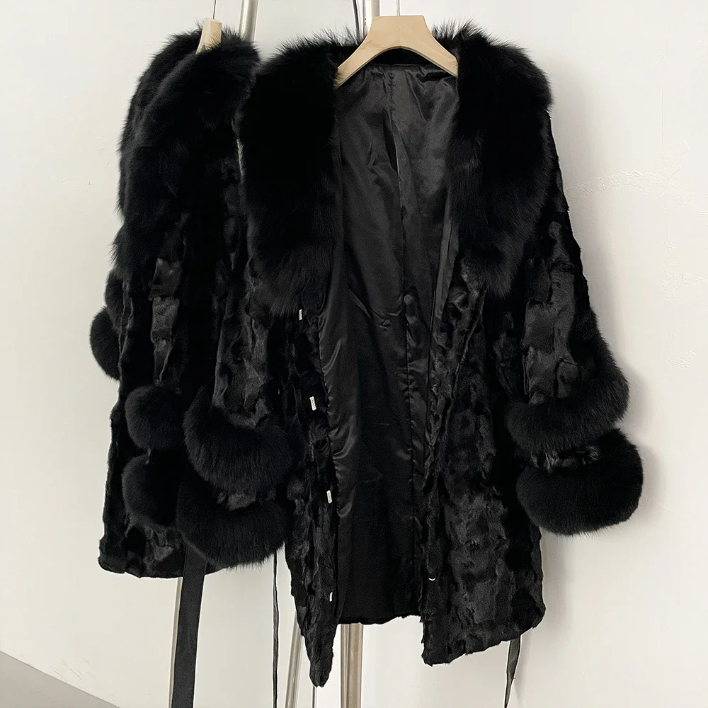الواقع معطف الفرو للنساء منتصف طول حزام جلد فرو المنك الحقيقي شتاء جديد سميكة الدافئة الإناث الطبيعية الثعلب الفراء سترة الإناث #2