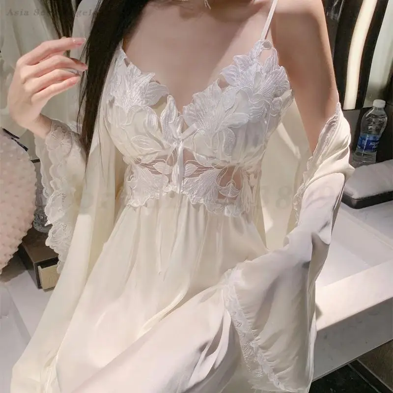 

Lady Satin Robe Set Two Pieces Long Bathrobe&Strap Nightgown Suit Sexy Lace Trim Sleepwear Elegant Nightwear V-Neck Lingerie