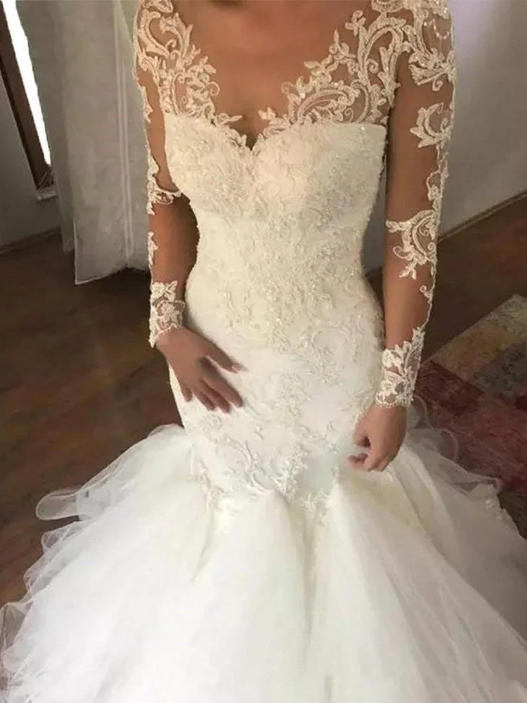 ヴィンテージ長袖アップリケマーメイド結婚披露宴ドレスアフリカ V ネックフロアレングスチュールブライダルガウンローブデマリー