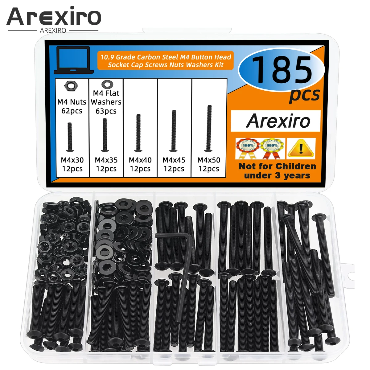 

185Pcs M4 x 30/35/40/45/50mm Button Head Allen Screw Nut Washer Set Black M4 Black Screw Nut Washer Combo Kit Grade 10.9 Grade