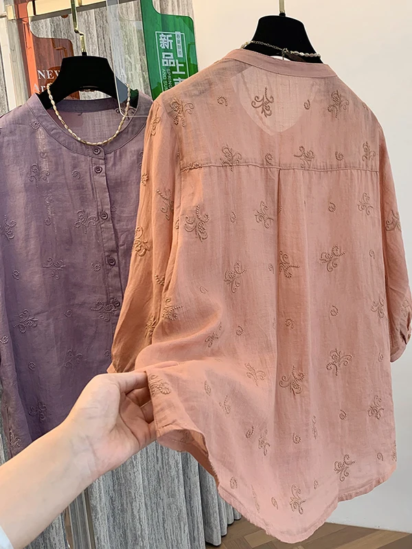 ريترو مطرز القطن الكتان اللون فضفاض عادية irt المرأة حجم كبير سبعة أرباع Sve زر الوقوف طوق مفتوح...