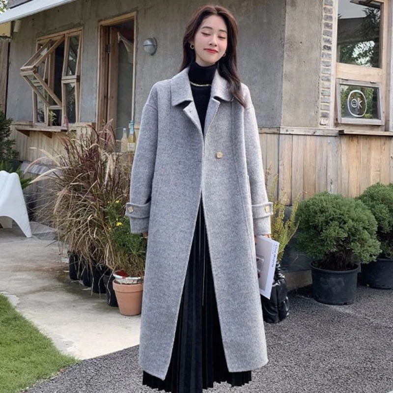 2023 Autumn Winter New High-End Mulberry Silk Rabbit Wool Reversible Cashmere Coat Women Long Temperament High Sense Woolen Coat