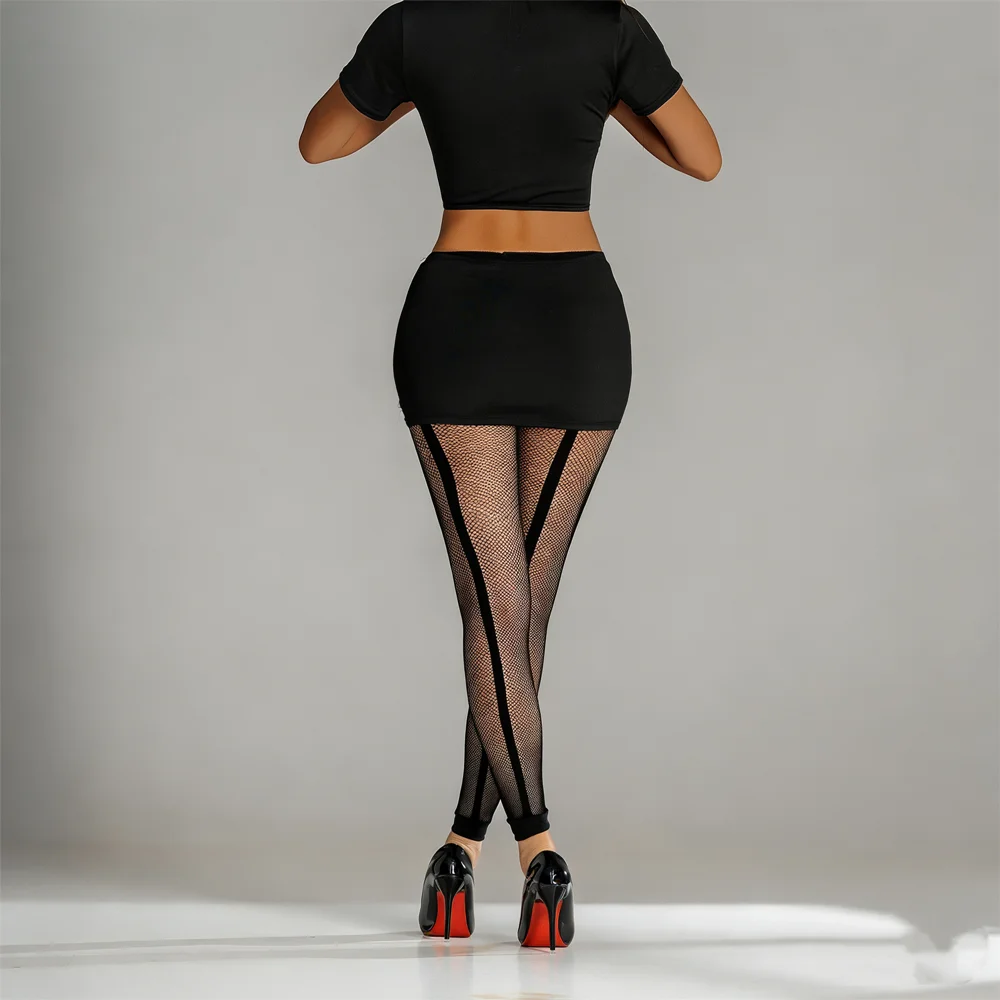 Summer Fashion Sexy Women's Black Stripe Fishnet Leggings Footless Tights Can Be Worn with Distressed Jeans or Shorts