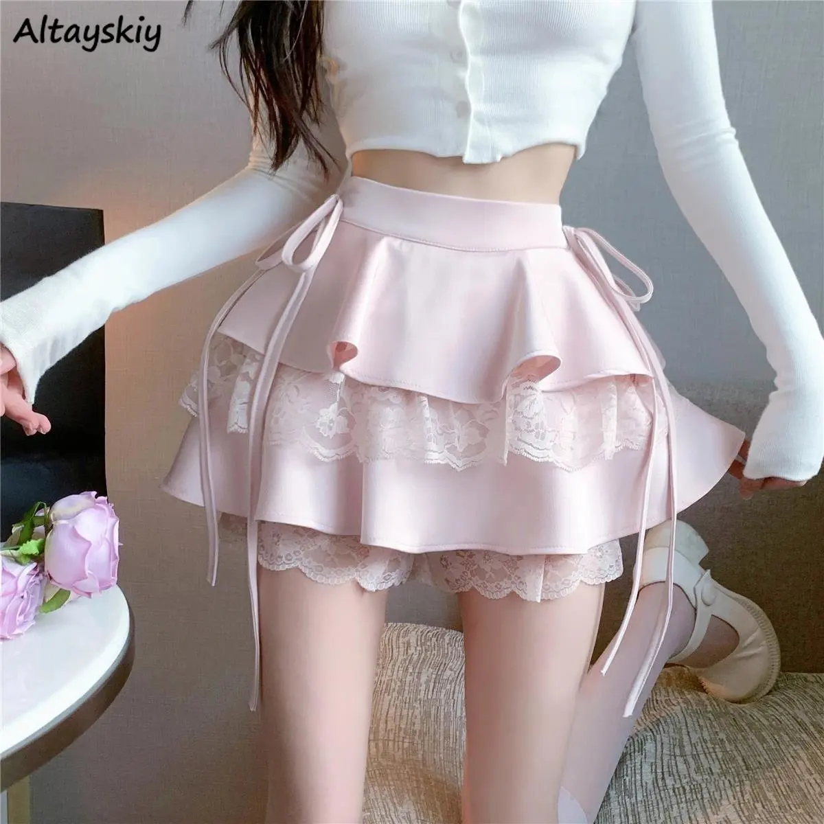 Y2k Skirts Women French Style Chic Sweet Schoolgirls Party Holiday Summer Lace Patckwork Mini Falda Aesthetic Slim Stylish New