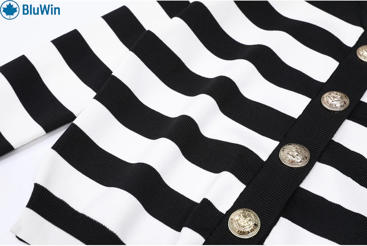 BluWin Striped Art Face Cardigan Women - Crew Neck Gold Buttons Black White Knit Sweater Red Lips Pattern Chic