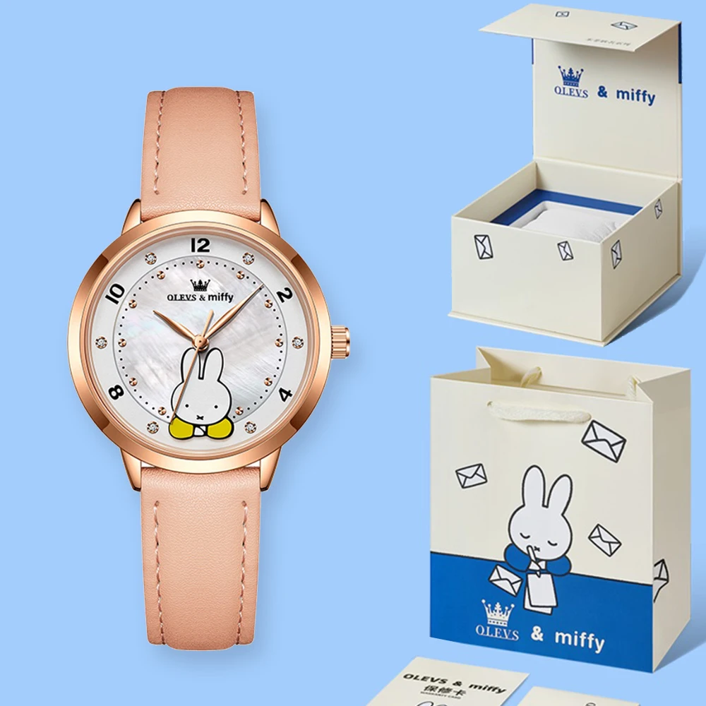 

OLEVS & Miffy Joint Edition Women's Watches Pink Cute White Rabbit Dial Watch for Girl Exquisite Gift Box Packaging Waterproof