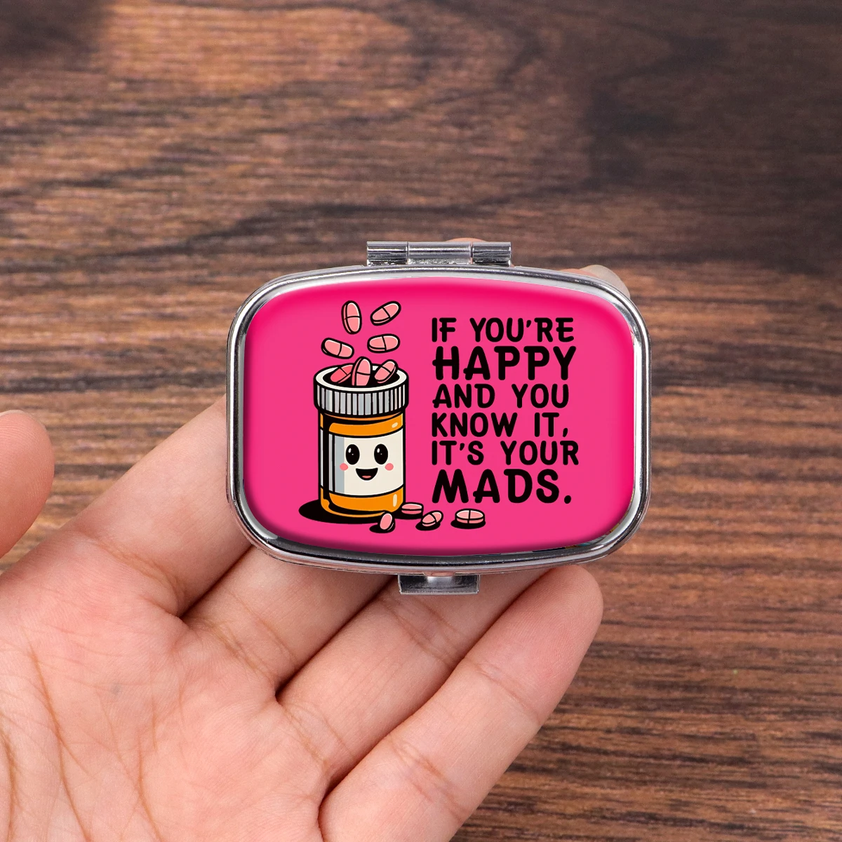 Lustiges Katzen-Pillendöschen, bedrucktes Metall-Pillendöschen mit 2 Fächern, tragbare Mini-Pillenbox für unterwegs, humorvolle Zitate, Taschen-Medikamentenhalter, Geschenk – Detail 9