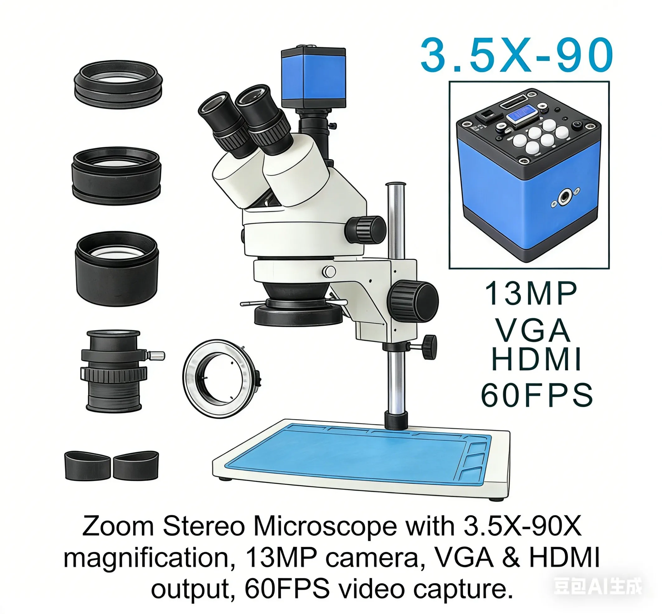 Ensemble de microscope stéréoscopique trinoculaire avec caméra vidéo HDMI USB 2K/4K, résolution 48MP 55MP, objectif auxiliaire 1X 0.5X 2X