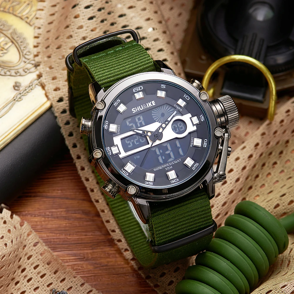 Reloj de cuarzo de negocios para hombre, reloj de cuarzo electrónico LED con pantalla Dual, reloj multifuncional resistente al agua, caja de aleación, correa de nailon