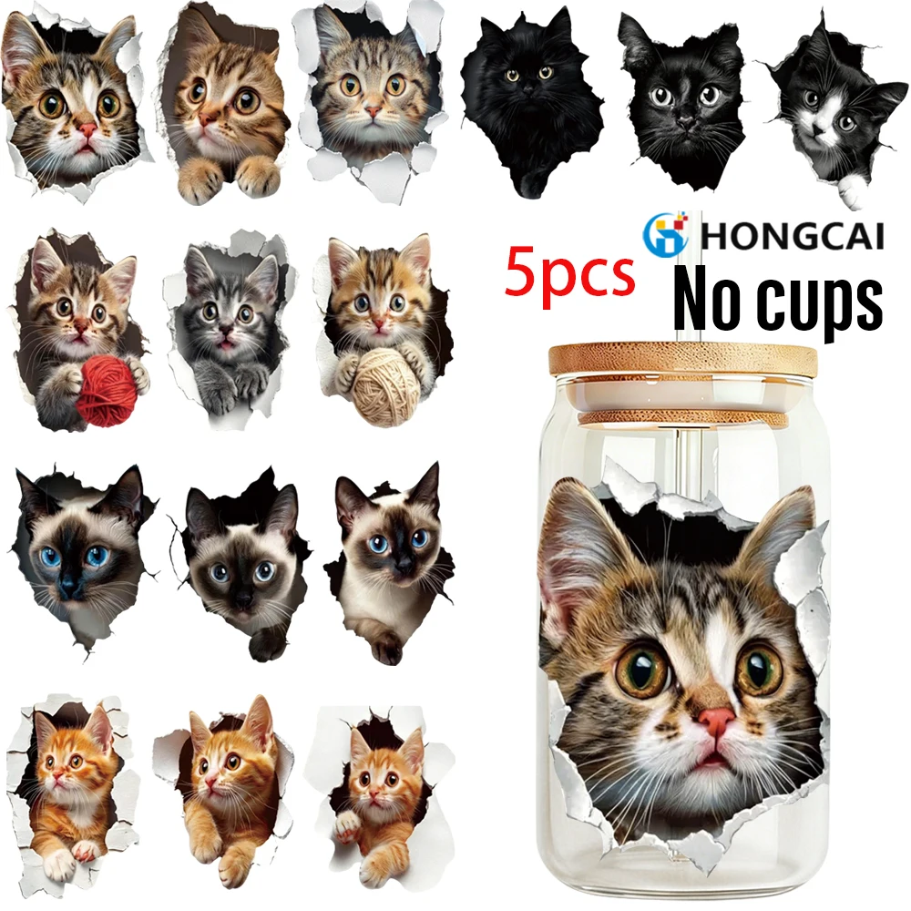 

Набор из 5 наклеек для кружек с 3D-эффектом (УФ DTF) с изображением кошек, красочная самоклеящаяся трансферная бумага, материалы для рукоделия для ноутбуков и планшетов