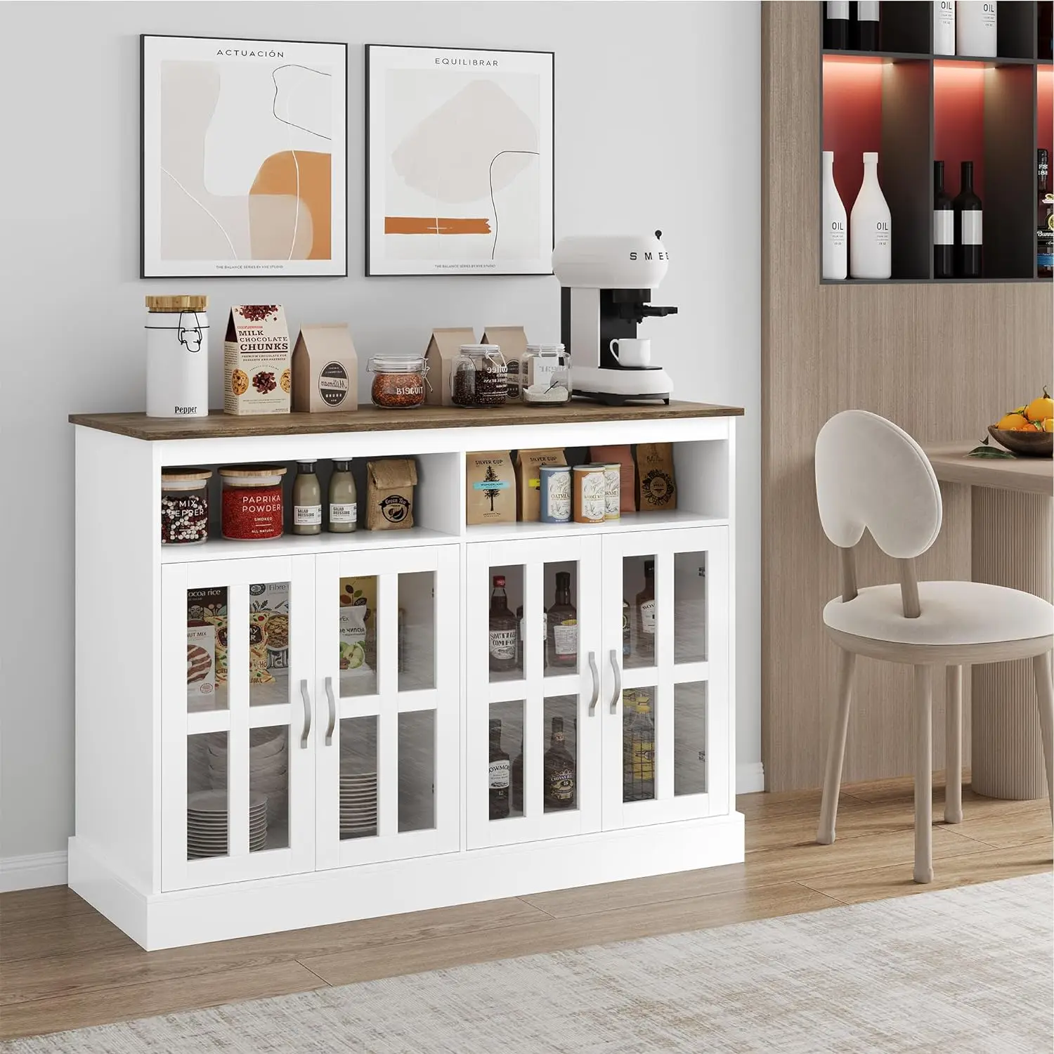 

47.2" Farmhouse Buffet Cabinet with Storage, Coffee Bar Cabinet with Glass Doors and Adjustable Shelves, Sideboard Cabinet