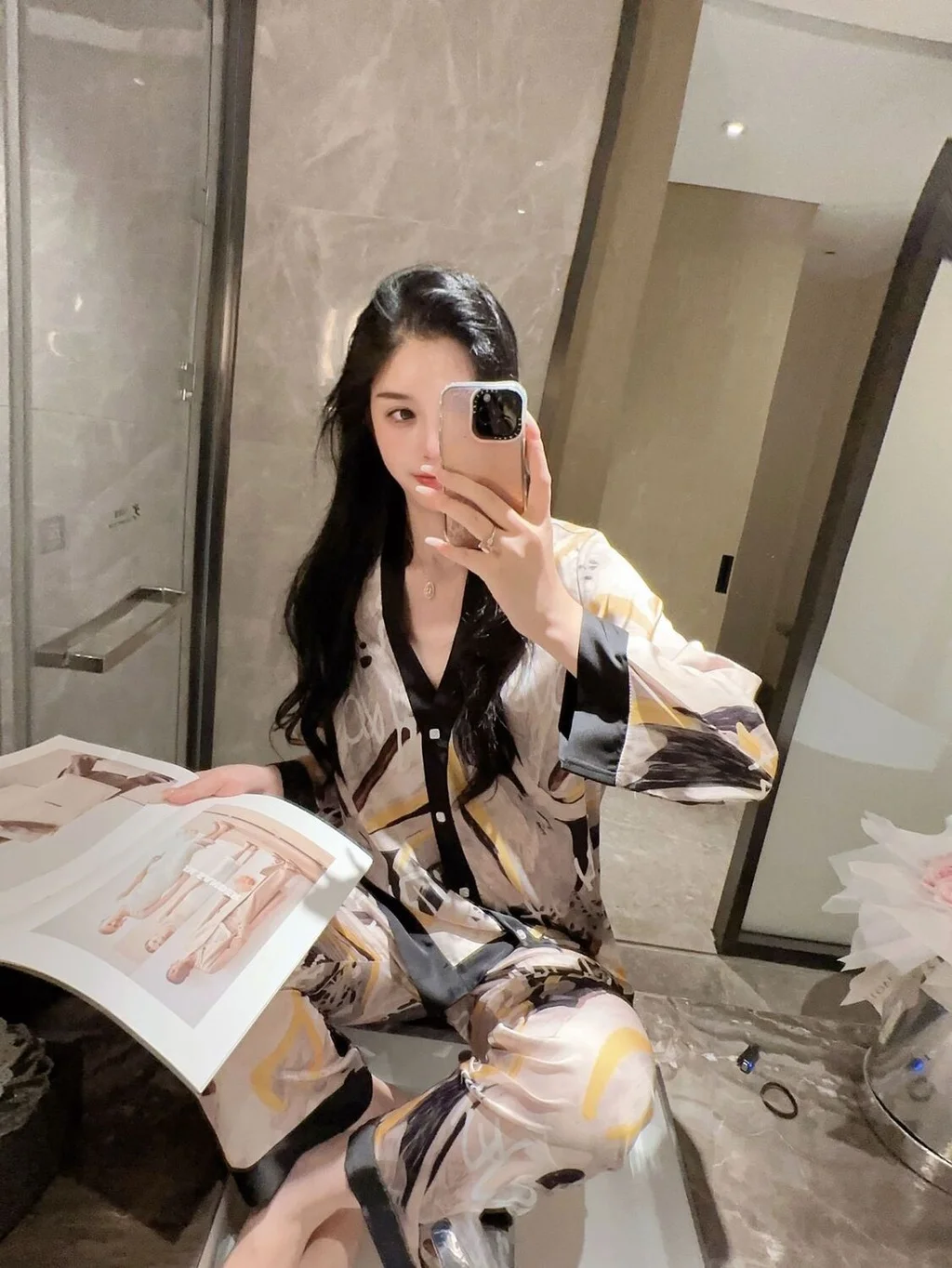 Lisacmvpnel Korean Fashion Women Pajama Set Ice Silk Long Sleeve Print Sleepwear