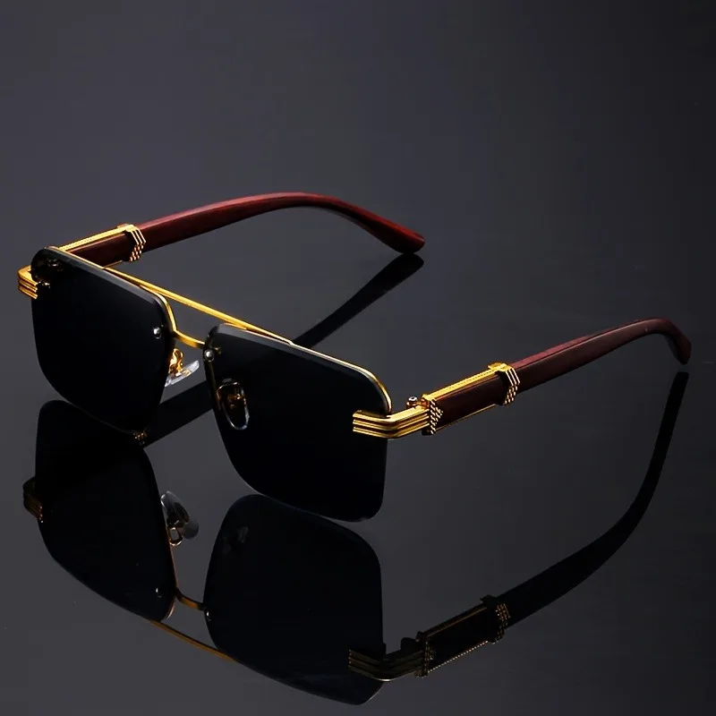 Women's Frameless Double Beam Fashion Sunglasses Golden Border Wood Grain Bracket for Male and Female Drivers Black Eyeglasses image 2