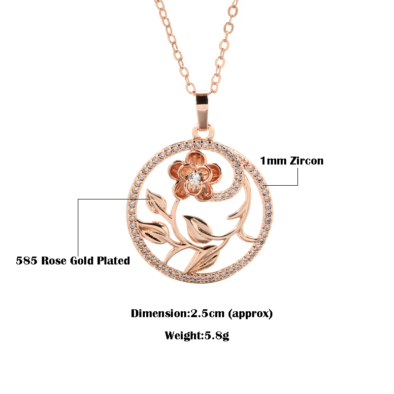 New 585 Rose Gold Hollow Flower Pendant Necklaces for Women Periphery Inlay Tiny Zircon Wedding Elegant Long Chain Necklaces