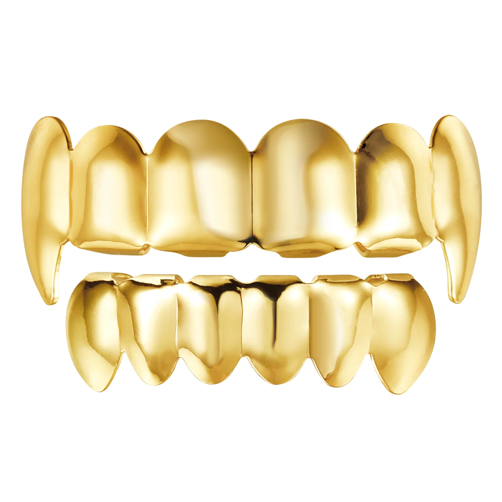 1 set di denti stile hip hop placcati in oro, denti lucidi superiori e inferiori, per feste a tema Halloween cosplay