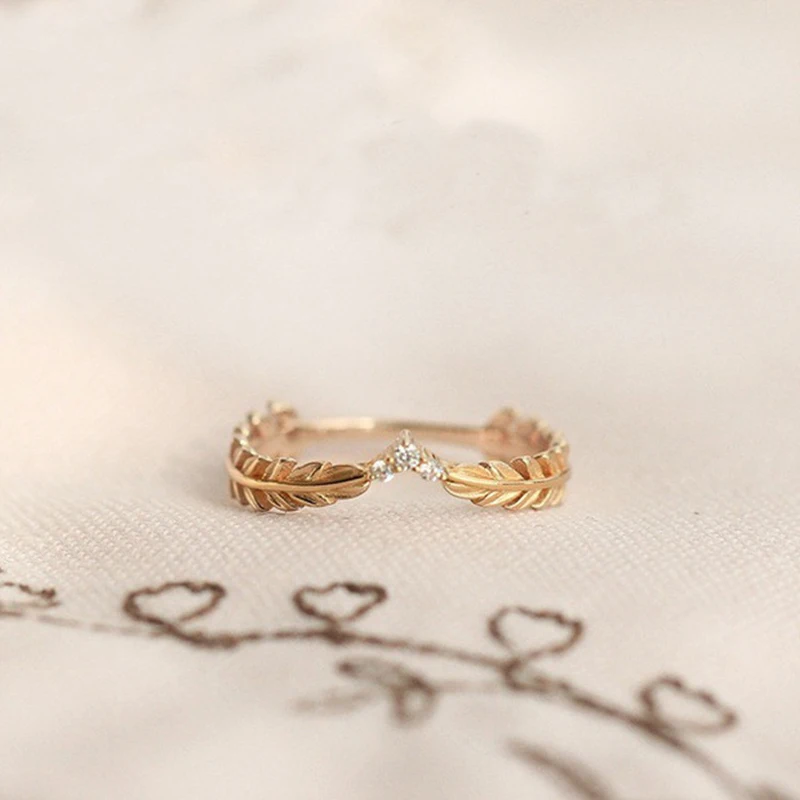 Leaves Straw Feather Rings For Women Elegant Style  Cubic Zirconia Yellow Gold Color Career Gift Fashion Jewelry KAR348