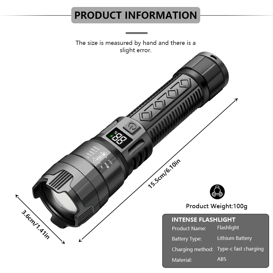 P50 Powerful Flashlight Digital Powet Display Light Telescopic Zoom Flashlight Outdoor Portable Emergency Waterproof Flashlight