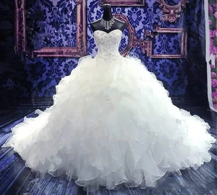 Luxus Perlen Stickerei Ballkleid Brautkleider Prinzessin Kleid Korsett Schatz Organza Rüschen Kathedrale Zug Brautkleider