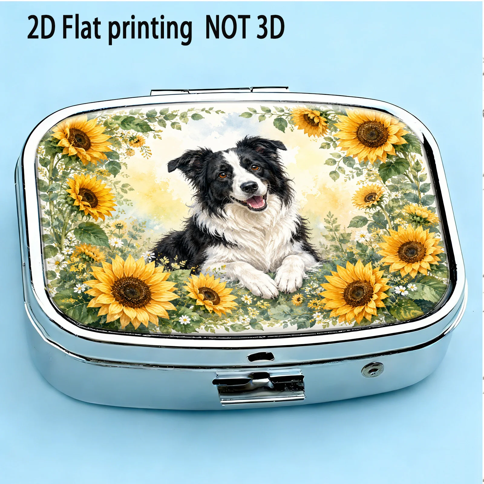 1 Piece, Flat, Square Compartment Box with Sunflower and Border Collie Pastoral Motifs, for Medical Supplies and Equipment, Elegant Design, Can Be Placed in a Handbag or as a Unique Travel Accessory