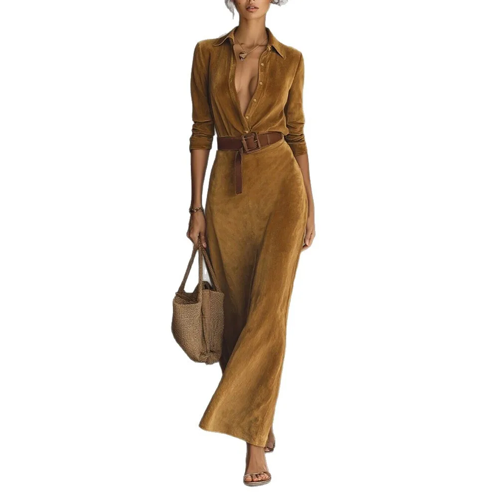 

2025 New Fashion Slim Belt Dress Women Autumn Casual Elegant Solid Color Lapel Long Sleeve Home Long Dresses For Women