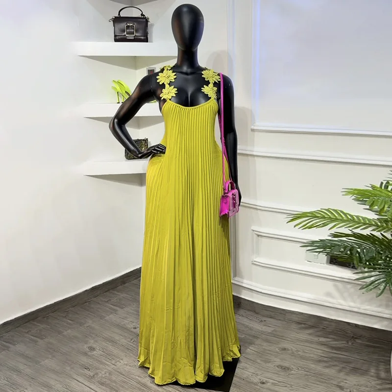 

Women's 2026 Spring New Style Elegant Three-Dimensional Floral Strap Solid Color Pleated Backless Slip Dress