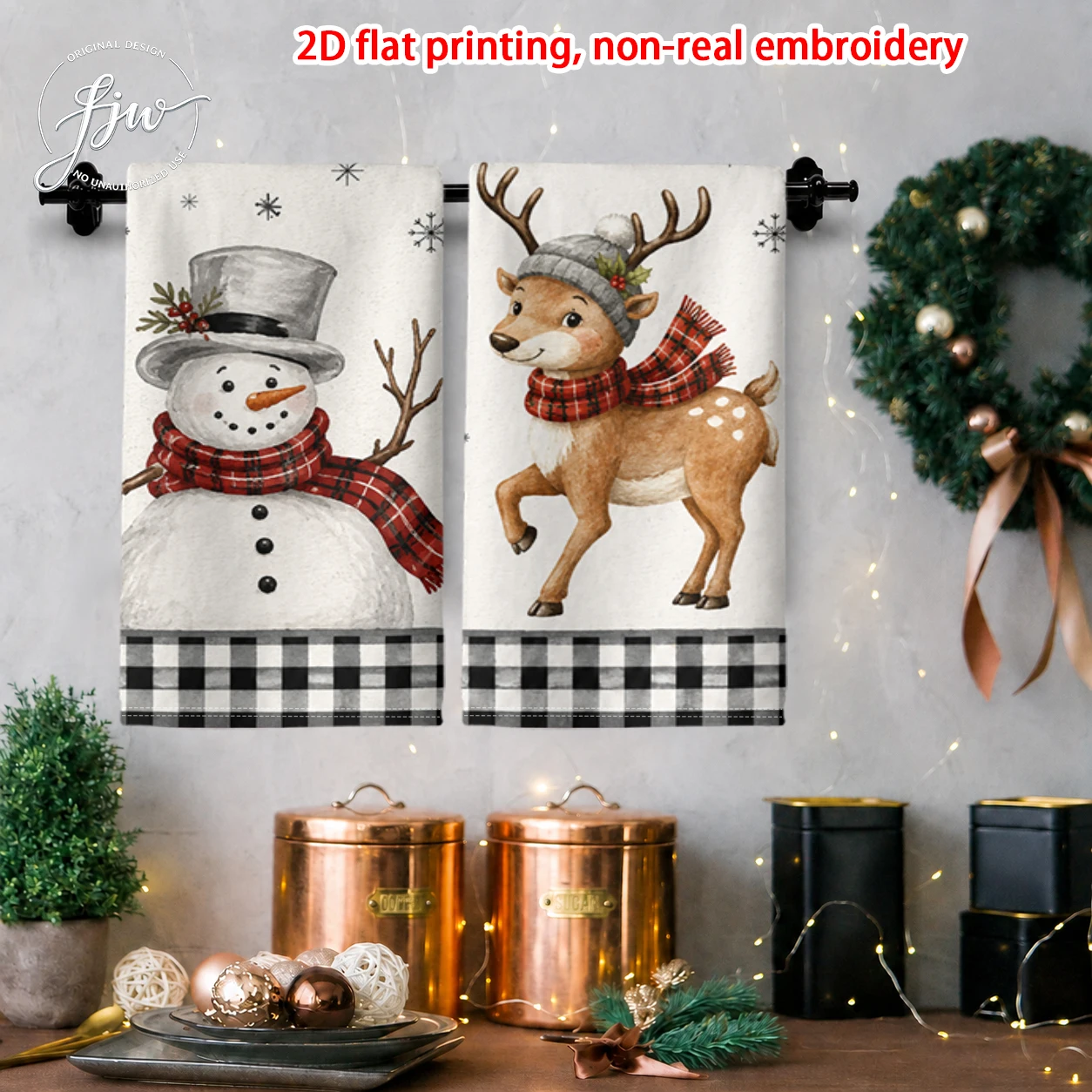 2pcs Christmas Kitchen Towels Set of 2 Vintage Xmas Winter Holiday Decorative Dish Towels for Cooking Baking