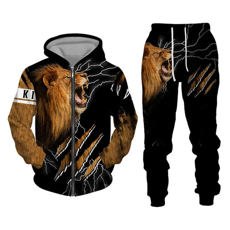 Herren Reißverschluss-Hoodie Trainingsanzug mit 3D-Grafikdruck Löwenkönig Langarm-Sweatshirt Jogginghose Locker Sitzend Herbst Winter Hip-Hop Alltagskleidung – Detail 9