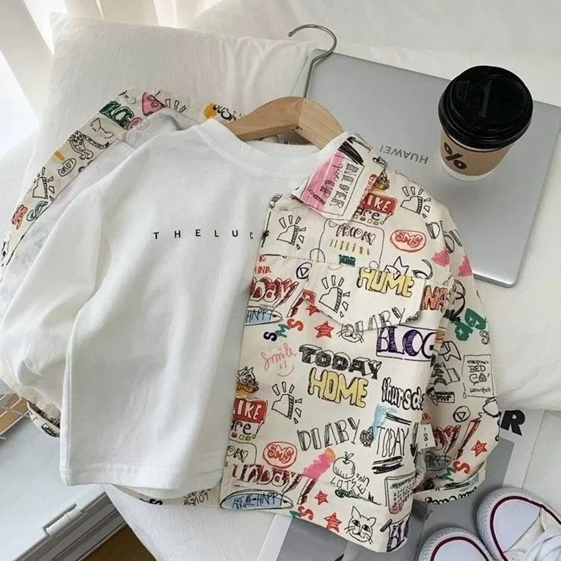 

Kids Boys Casual Graffiti Loose Jacket 2026 New Spring Autumn Fashion Clothing Children's Coat 3 5 7 Y