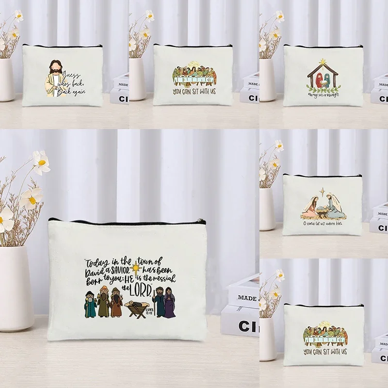 Nativity Printed Canvas Storage Bag Organizer Travel Perfume Lipstick Cosmetic Bags Zipper Pencil Case Wallet Christianity Gift