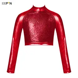 Kids Girls Modern Jazz Dance Crop Top Metallic Sequins Long Sleeve T-Shirt Tops Ballet Disco Hip Hop Stage Performance Costume