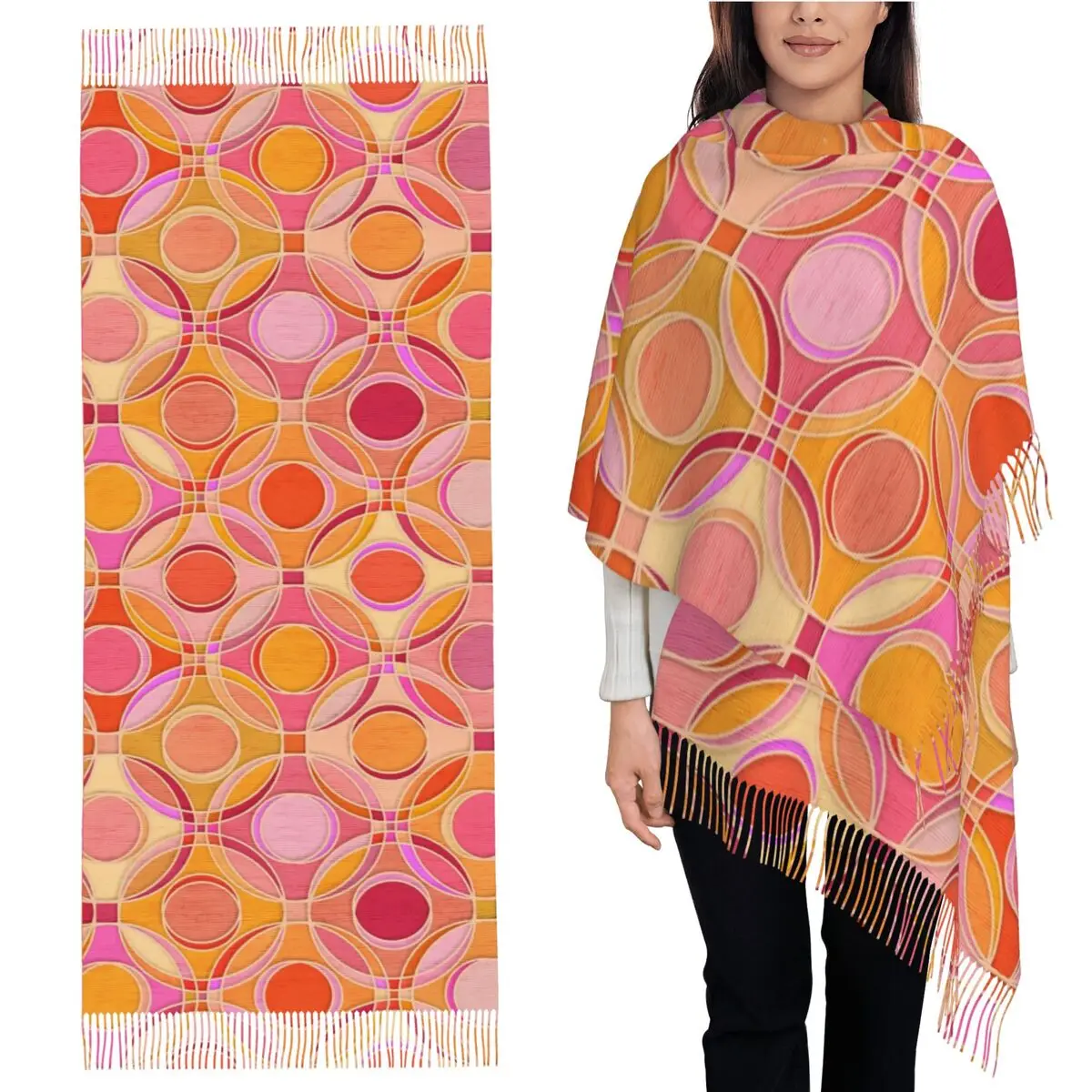 

Textured Circles Geometric Abstract In Hot Pink And Orange Scarf Tassel Scarves Shawls and Wraps Long Fall Winter Shawl Wrap