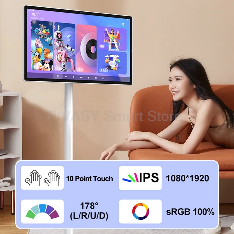 人気の 24 インチスマートディスプレイ Lcd タッチスクリーン Android 6G + 128G ポータブルスマートテレビ屋内会議モバイルテレビジムゲームライブ用