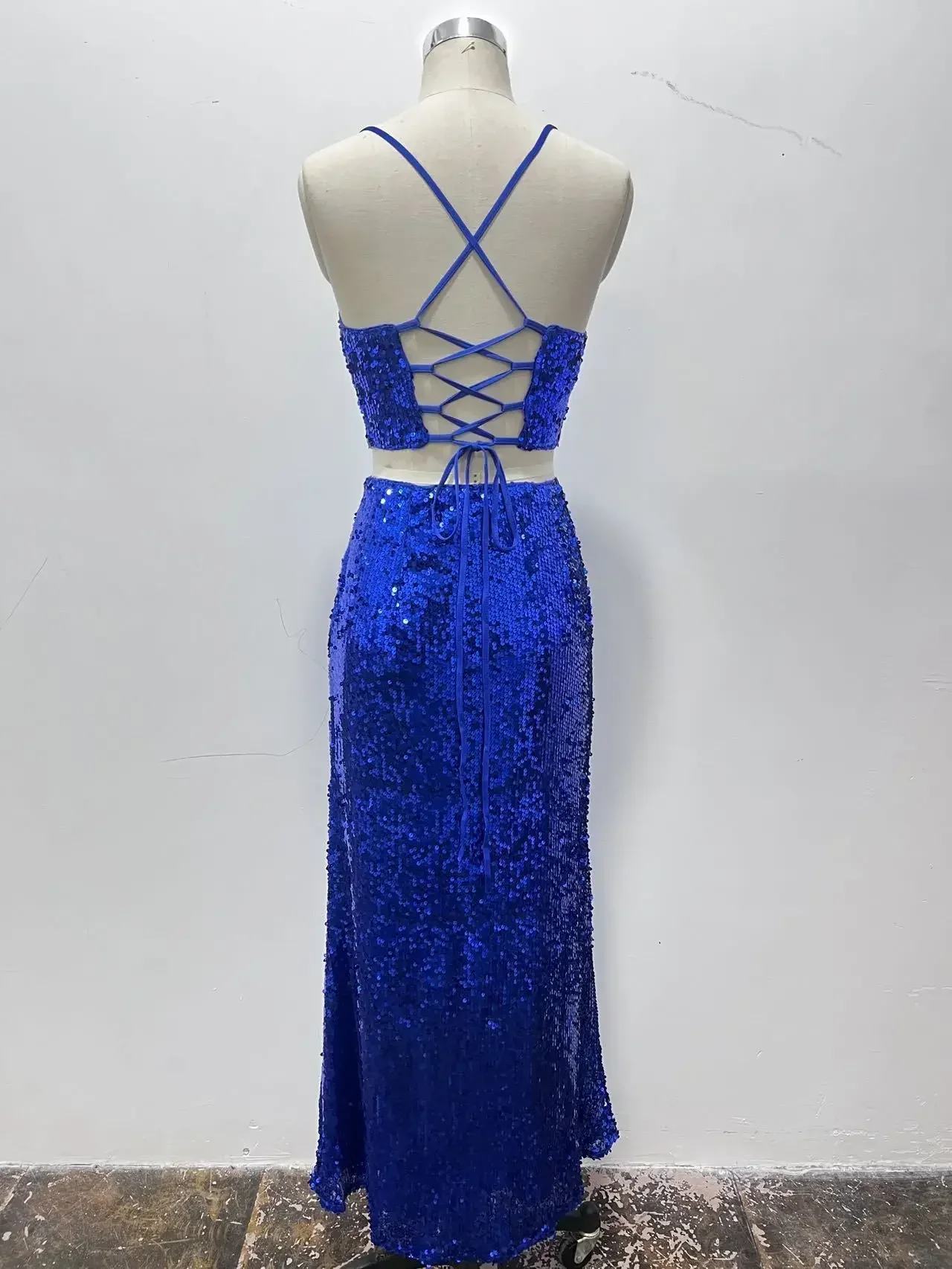 Elegant Women's Sequin Lace-up Two-piece Long Formal Dance Dress for Graduation Parties and Evening Events Vestidos De Fiesta