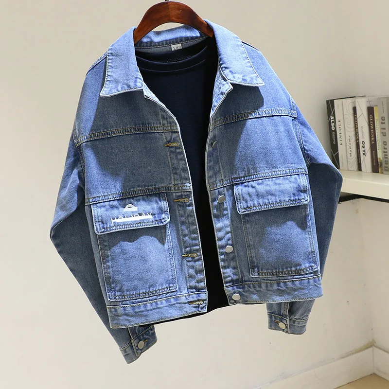 

Vintage Wash Blue Denim Jacket Coat Women Spring Autumn Loose Short Harajuku Outwear Big Pocket Embroidery Jeans Jackets Female