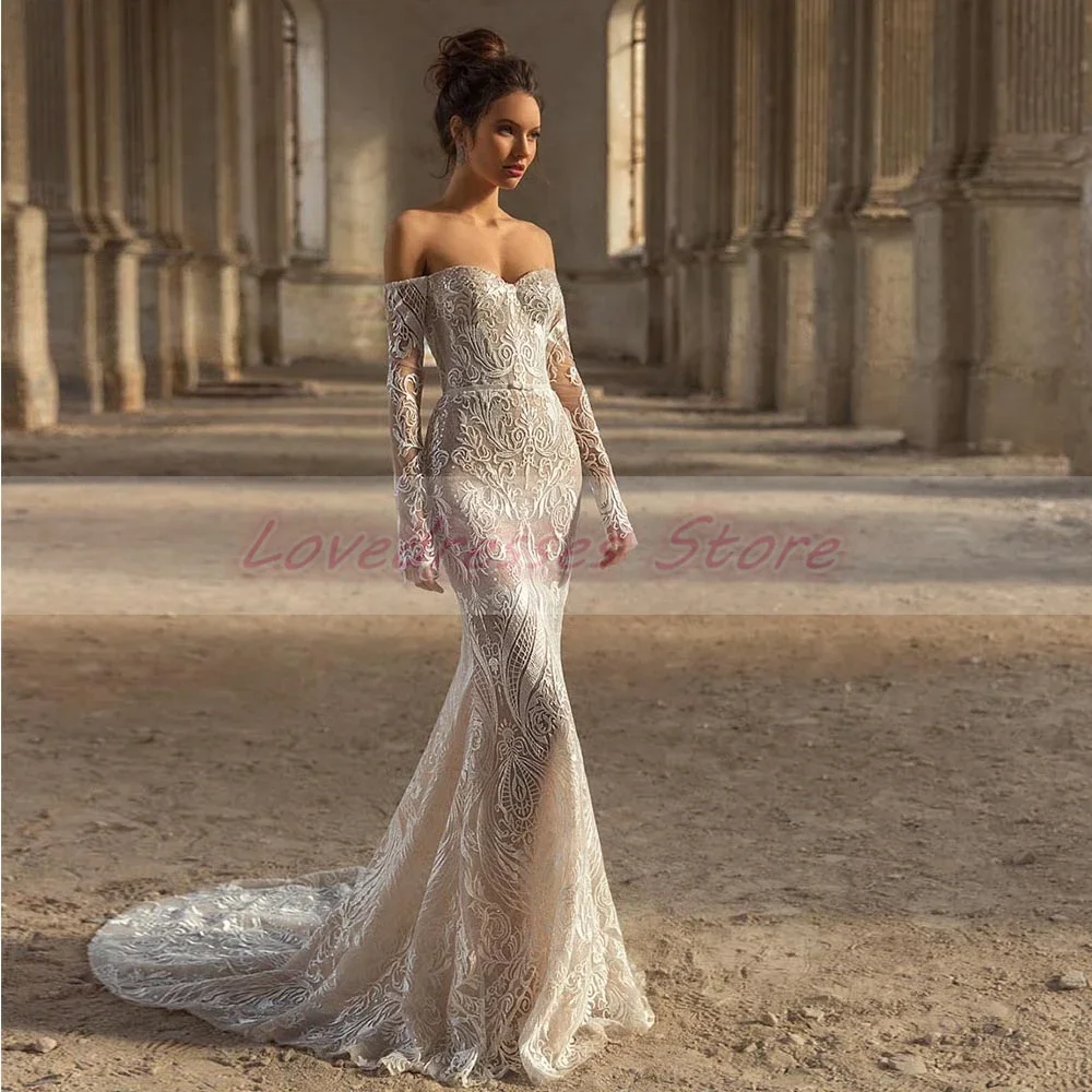 Customized Off-The-Shoulder Strapless Ivory Wedding Dresses Floor-Length Full Sleeve Sheath with Applique Backless Court Train