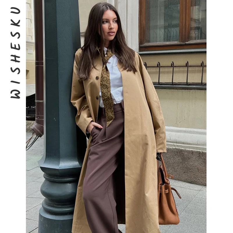 

Lapel Khaki Long Trench Coat Women Chic Full Sleeve Single Breasted Loose Windbreaker Jacket Lady Autumn New Casual Overcoat