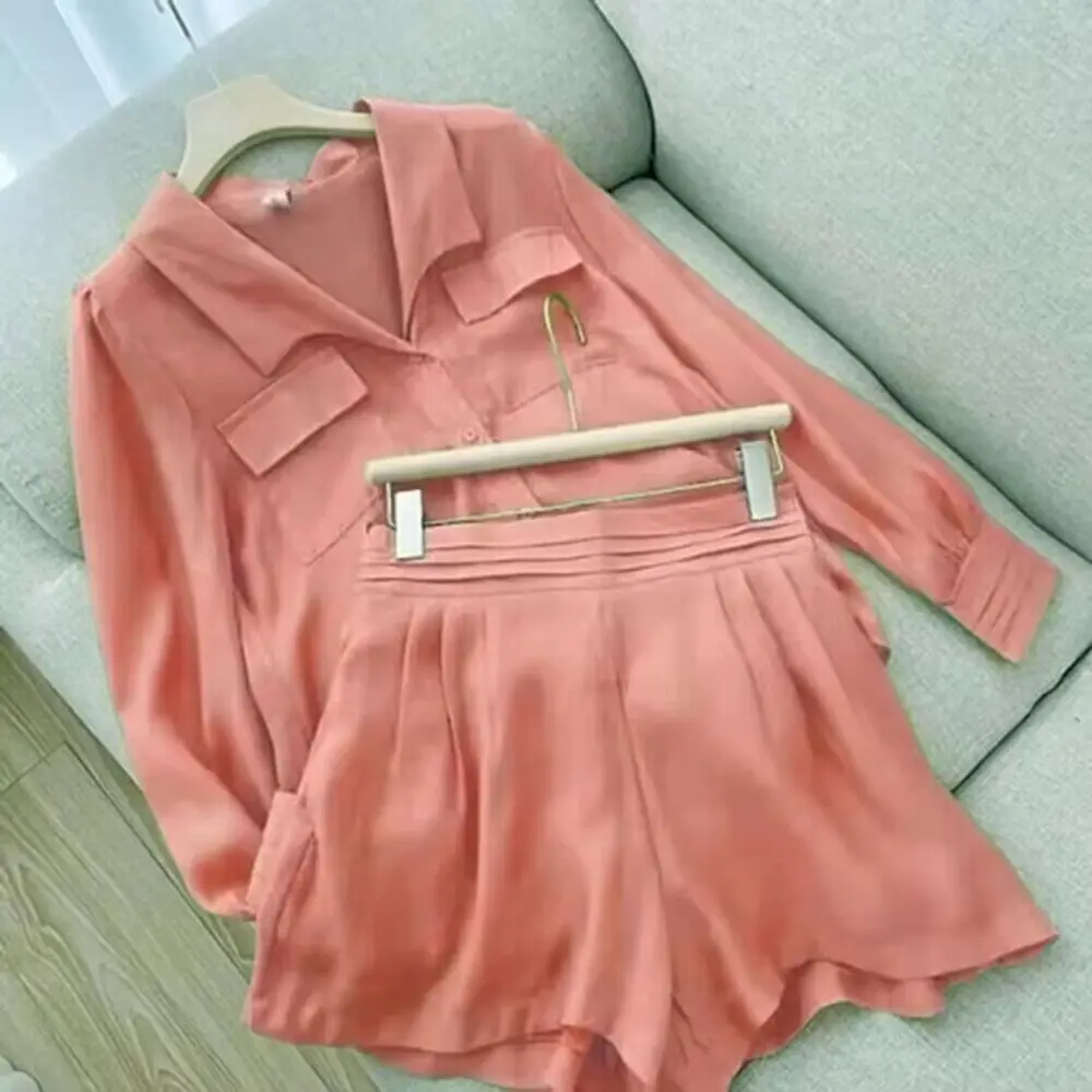 Shirt Two Piece Set For Women Spring Summer Shorts 2 Piece Sets Suits Solid Color Long Sleeve Shirt Short Casual Outfits Female