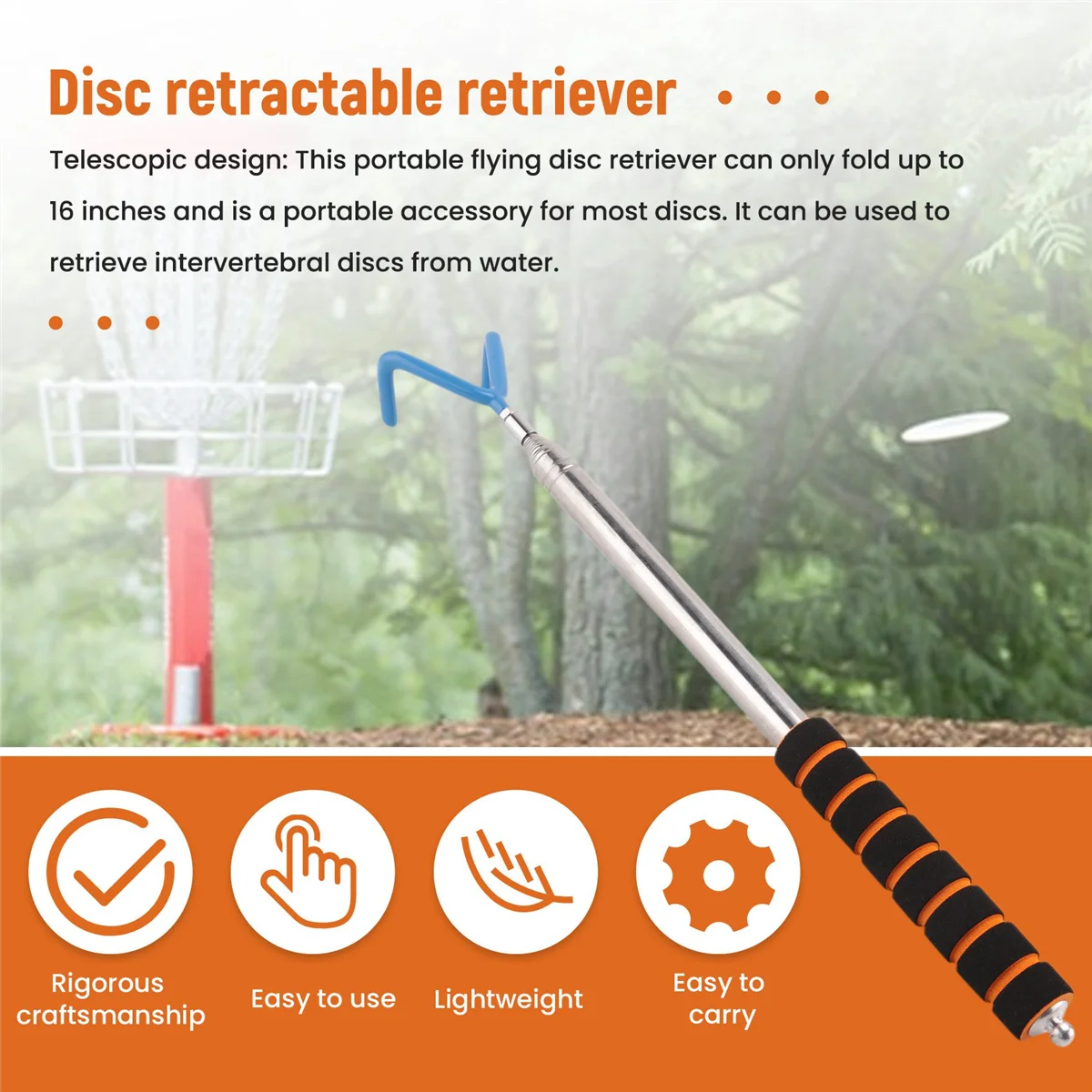 B13C  Disc Golf Retriever Disc Golf Grabber 10 Feet Portable Telescoping Pole with Durable Hook for Outdoor Flying Disc